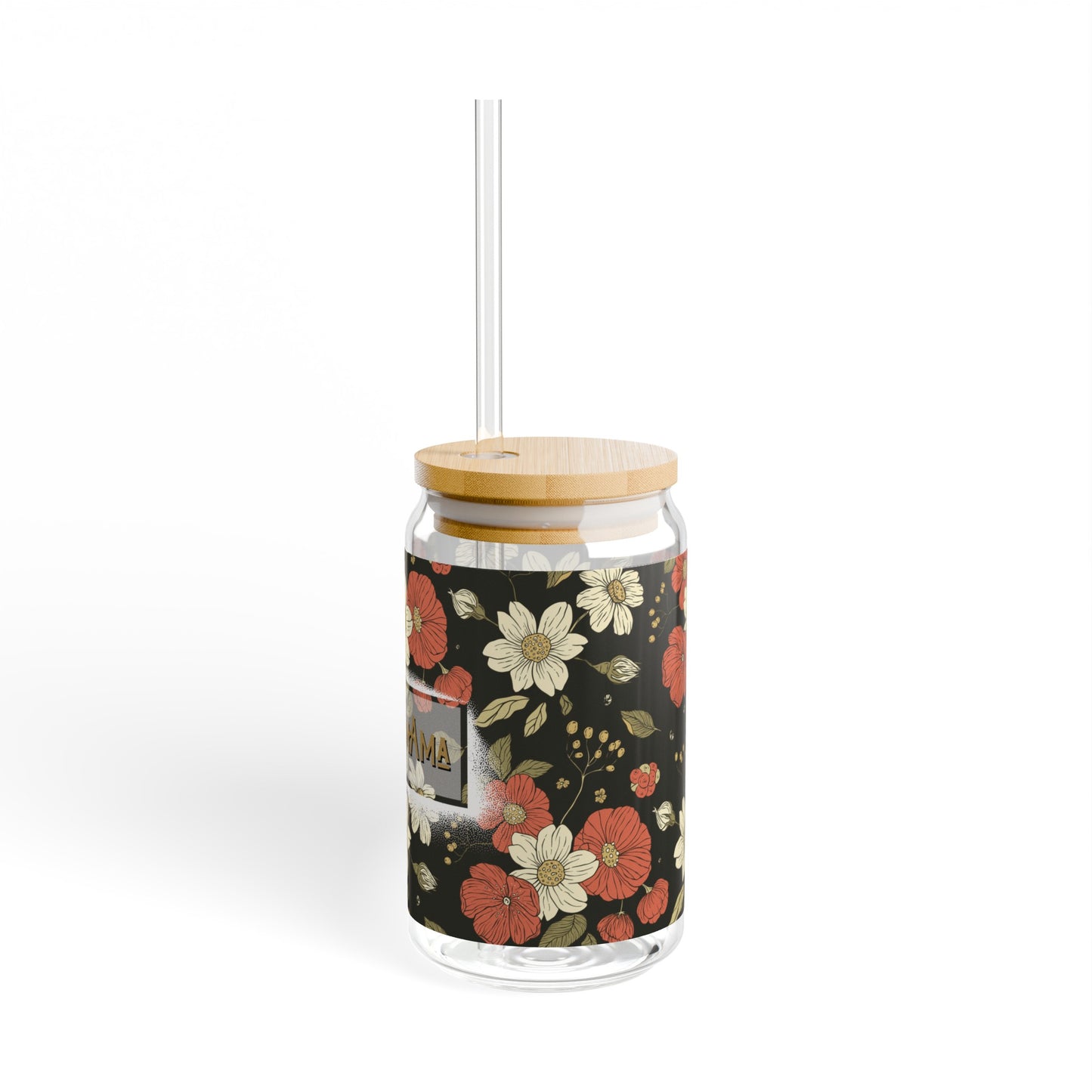Hippie Mama Bamboo lid Glass can tumbler with straw, Sipper Glass, 16oz