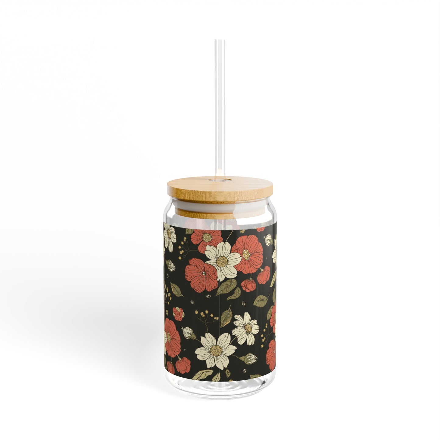 Hippie Mama Bamboo lid Glass can tumbler with straw, Sipper Glass, 16oz