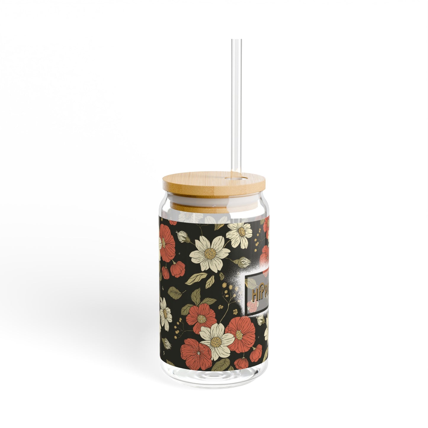 Hippie Mama Bamboo lid Glass can tumbler with straw, Sipper Glass, 16oz
